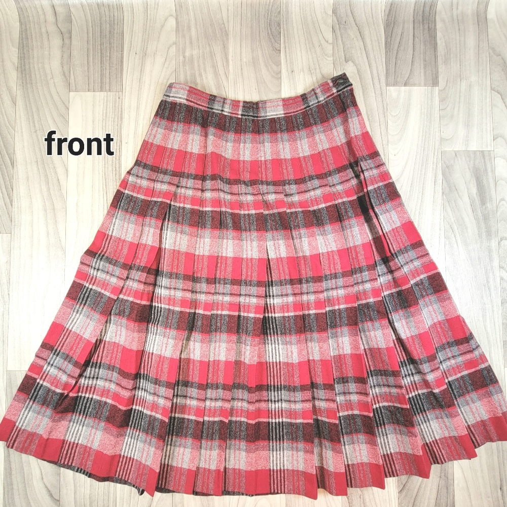 Pendleton Wool Skirt Size 10 26"W Red and Gray Plaid Pleated A-Line Midi VTG - Picture 2 of 9